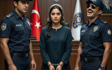 Polisler, kelepçeli bir kadının dalgasını geçiyordu