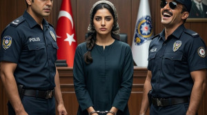 Polisler, kelepçeli bir kadının dalgasını geçiyordu
